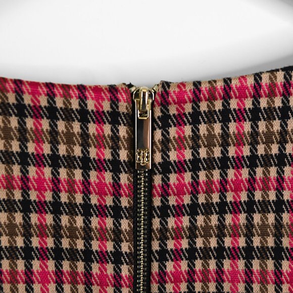 TOMMY HILFIGER Red Tan Olive Green Black Plaid Houndstooth Shift Dress - Size 4 - Picture 9 of 14